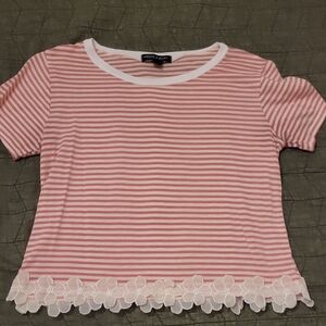 Pink and White Striped Crop Top with Floral Hem